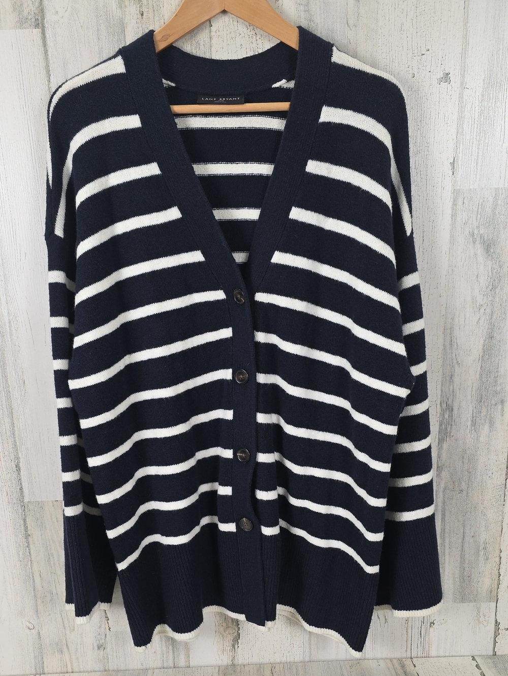 Lane Bryant Navy and White Striped V‑Neck Button Cardigan 3/4 Sleeve Size 18/20